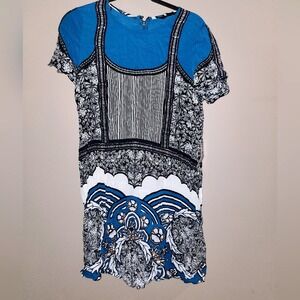 Express Dress Blue White Floral Print Short Sleeve Casual‎ Mini Womens
